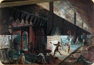 Producción de zinc en la fábrica de Vieille Montagne, Saona y Loira